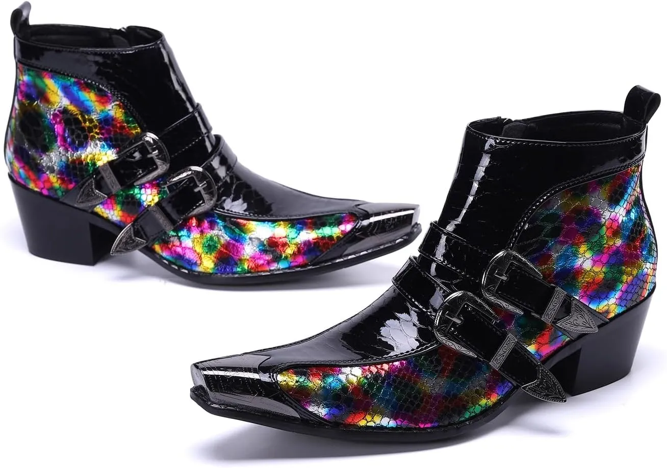 Men's Chelsea Boots - Genuine Leather Western Ankle Boots with Metal Tip-Toe, Zipper & Buckle - Two-Tone Dress & Casual Boots for Party, Disco & Singer
