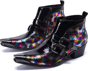 Men's Chelsea Boots - Genuine Leather Western Ankle Boots with Metal Tip-Toe, Zipper & Buckle - Two-Tone Dress & Casual Boots for Party, Disco & Singer