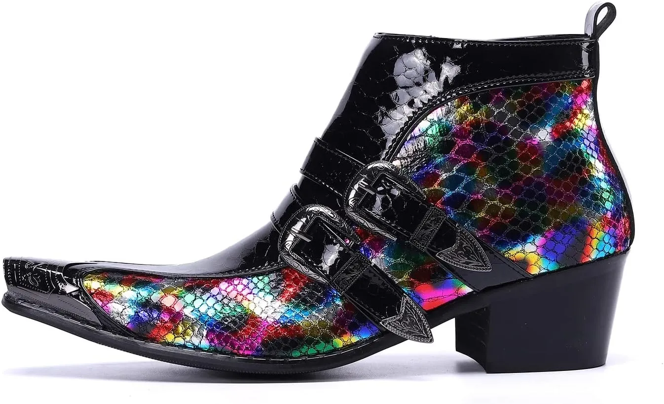 Men's Chelsea Boots - Genuine Leather Western Ankle Boots with Metal Tip-Toe, Zipper & Buckle - Two-Tone Dress & Casual Boots for Party, Disco & Singer