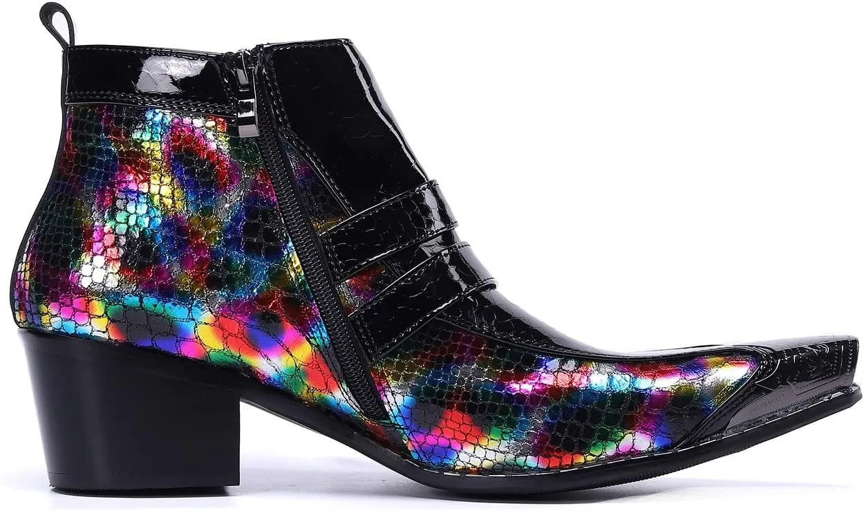 Men's Chelsea Boots - Genuine Leather Western Ankle Boots with Metal Tip-Toe, Zipper & Buckle - Two-Tone Dress & Casual Boots for Party, Disco & Singer
