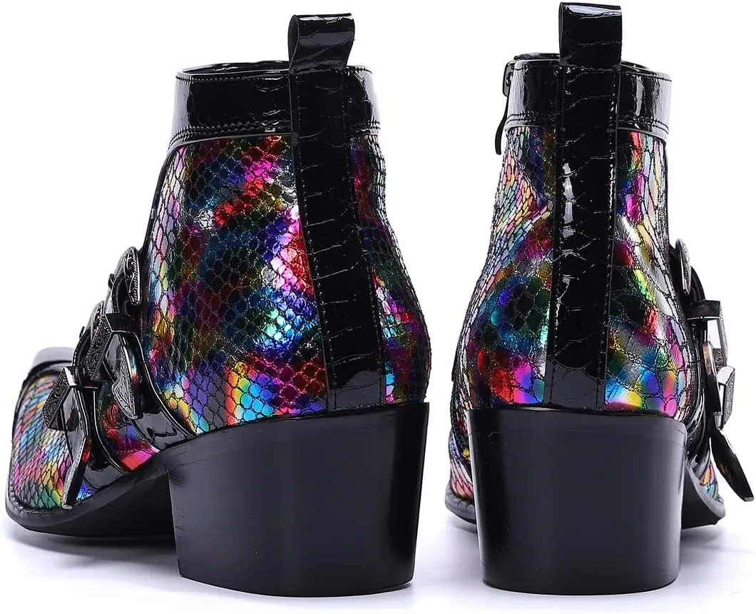 Men's Chelsea Boots - Genuine Leather Western Ankle Boots with Metal Tip-Toe, Zipper & Buckle - Two-Tone Dress & Casual Boots for Party, Disco & Singer
