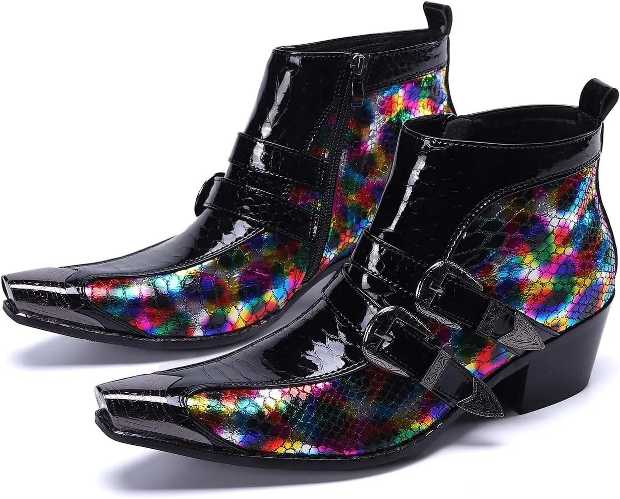 Men's Chelsea Boots - Genuine Leather Western Ankle Boots with Metal Tip-Toe, Zipper & Buckle - Two-Tone Dress & Casual Boots for Party, Disco & Singer
