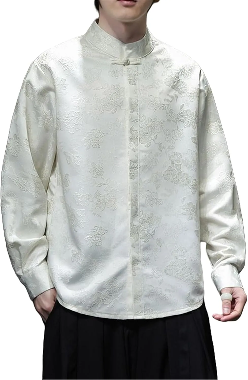 Men's Chinese Style Jacquard Retro Mandarin Collar Casual Long Sleeve Shirt with Frog Buttons Spring