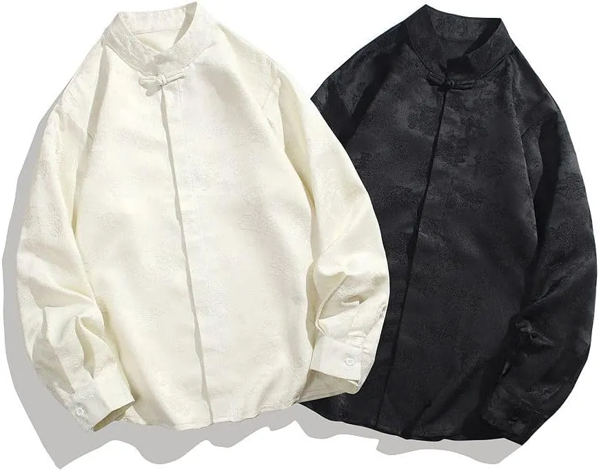 Men's Chinese Style Jacquard Retro Mandarin Collar Casual Long Sleeve Shirt with Frog Buttons Spring