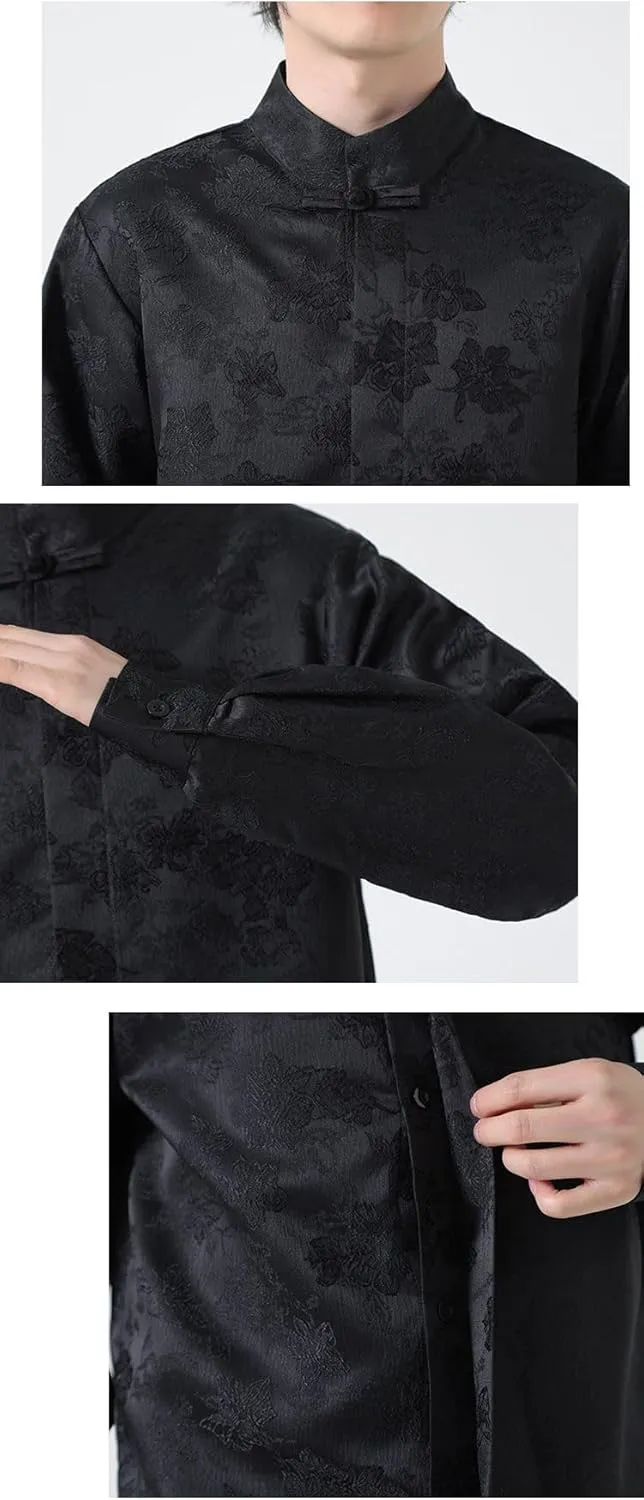 Men's Chinese Style Jacquard Retro Mandarin Collar Casual Long Sleeve Shirt with Frog Buttons Spring