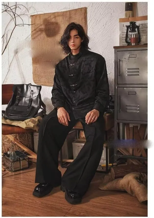 Men's Chinese Style Long Sleeve Shirt with Butterfly Frog Buttons Autumn Retro Tang Suit Shirt