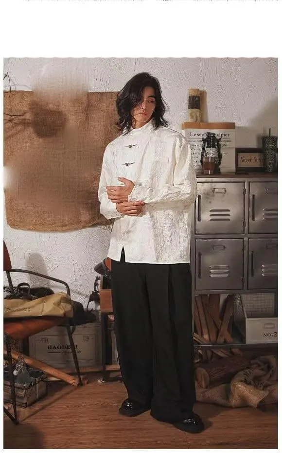 Men's Chinese Style Long Sleeve Shirt with Butterfly Frog Buttons Autumn Retro Tang Suit Shirt