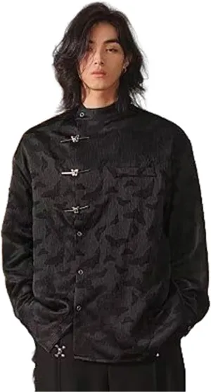Men's Chinese Style Long Sleeve Shirt with Butterfly Frog Buttons Autumn Retro Tang Suit Shirt