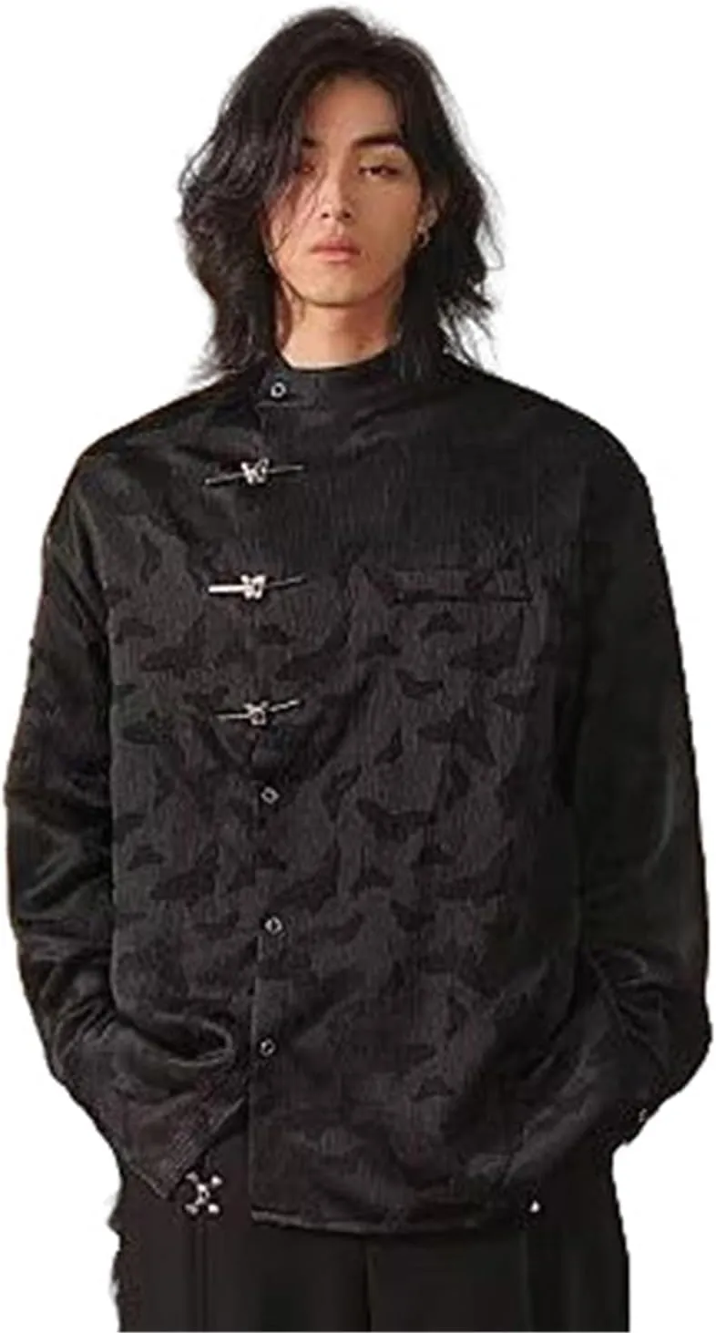 Men's Chinese Style Long Sleeve Shirt with Butterfly Frog Buttons Autumn Retro Tang Suit Shirt