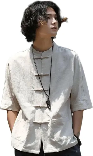 Men's Chinese Style Tang Suit Shirt Retro Linen Cotton Zhongshan Suit Shirt Spring Autumn