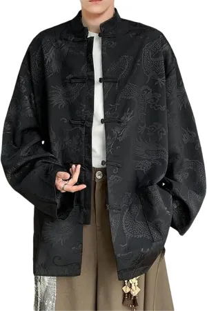 Men's Chinese Style Tang Suit Shirt with Dragon Pattern Frog Buttons Non-Iron Long Sleeve Mandarin Collar Top