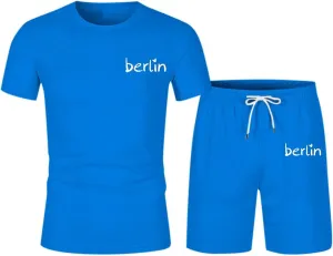 Mens City Letter Print Summer Sportswear Suits Breathable Short Sleeved T Shirt And Sports Shorts With Pockets