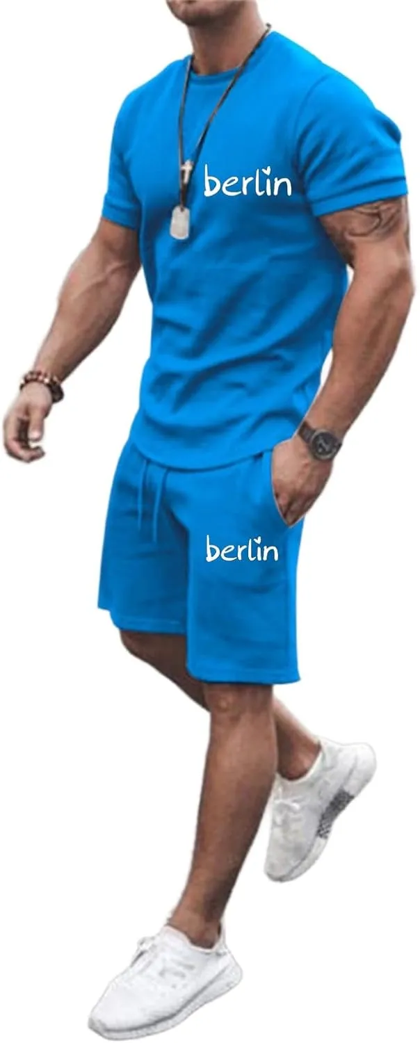 Mens City Letter Print Summer Sportswear Suits Breathable Short Sleeved T Shirt And Sports Shorts With Pockets