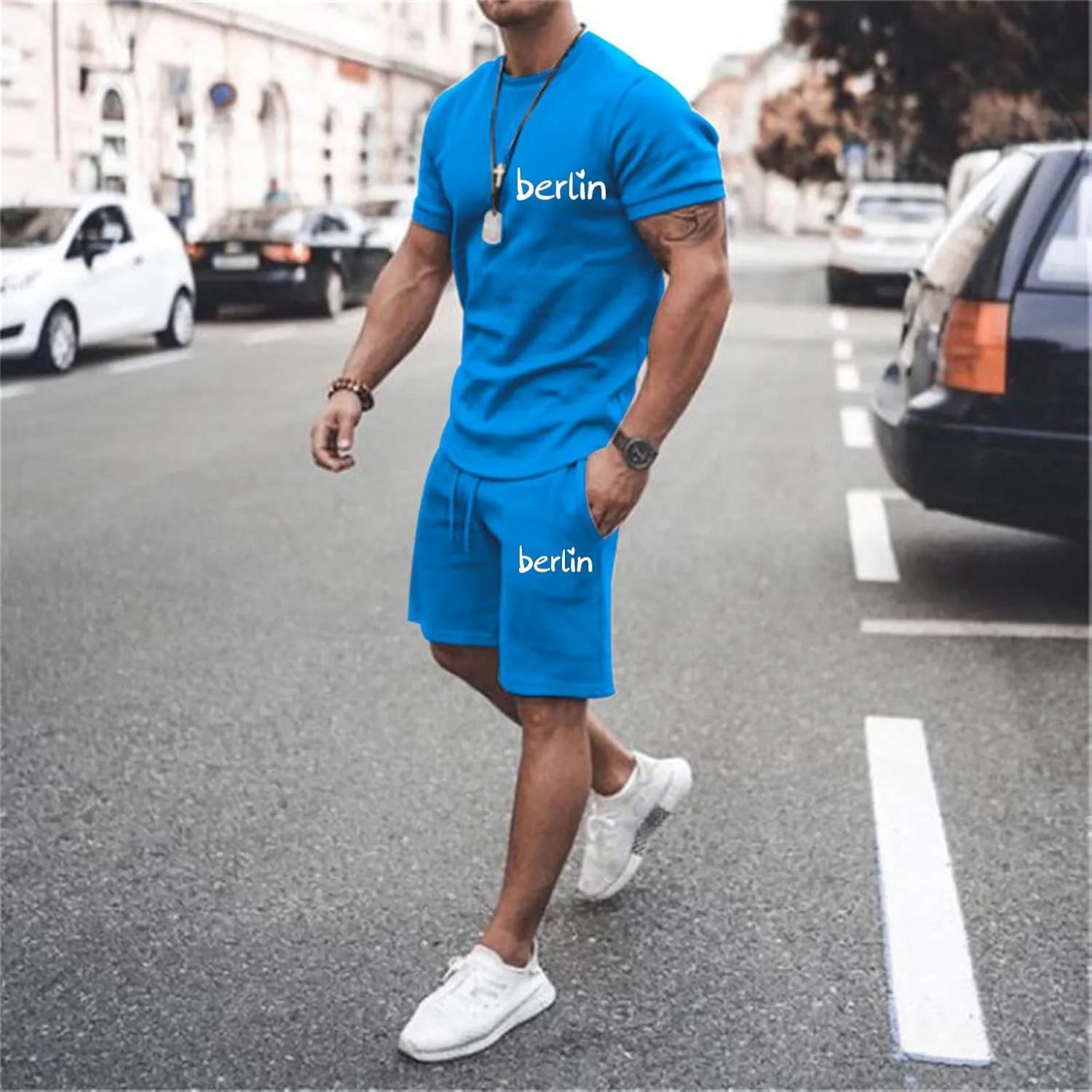 Mens City Letter Print Summer Sportswear Suits Breathable Short Sleeved T Shirt And Sports Shorts With Pockets