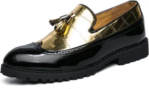 Men's Classic Business Oxfords Large Size Tassel Patchwork Loafers Crocodile Embossed Round Toe Slip-on Wingtip Block Heel Anti-Slip Formal Men