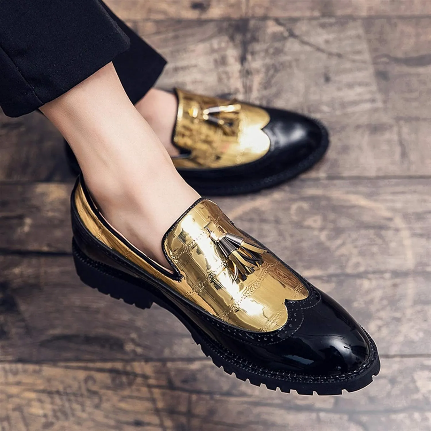 Men's Classic Business Oxfords Large Size Tassel Patchwork Loafers Crocodile Embossed Round Toe Slip-on Wingtip Block Heel Anti-Slip Formal Men