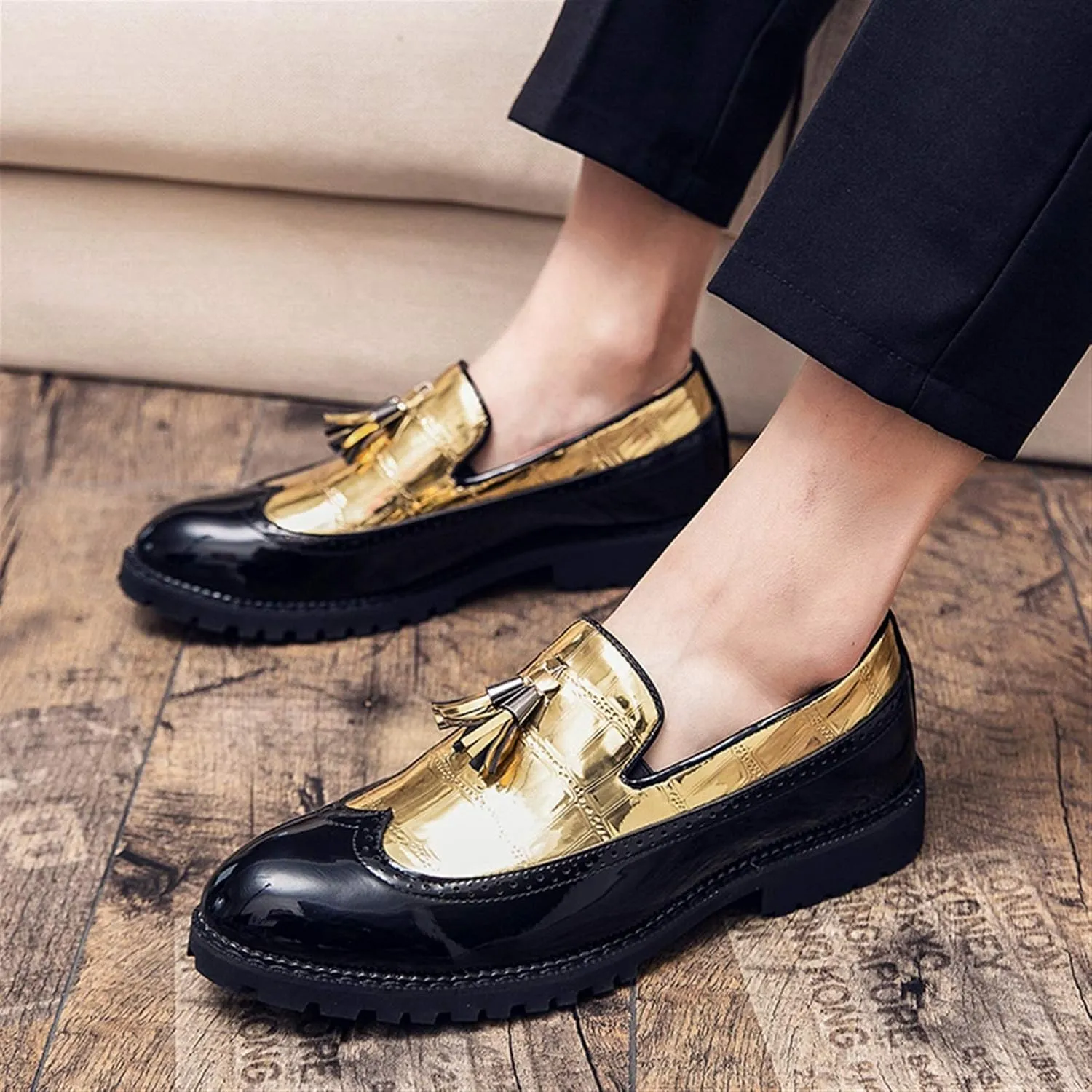 Men's Classic Business Oxfords Large Size Tassel Patchwork Loafers Crocodile Embossed Round Toe Slip-on Wingtip Block Heel Anti-Slip Formal Men