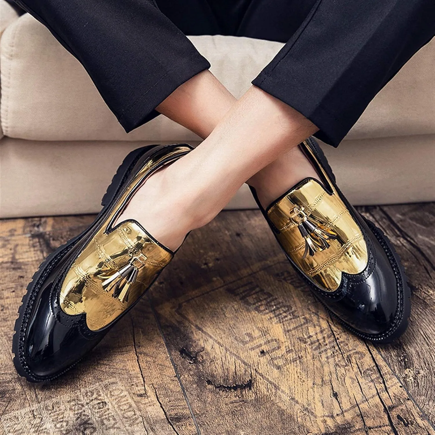 Men's Classic Business Oxfords Large Size Tassel Patchwork Loafers Crocodile Embossed Round Toe Slip-on Wingtip Block Heel Anti-Slip Formal Men