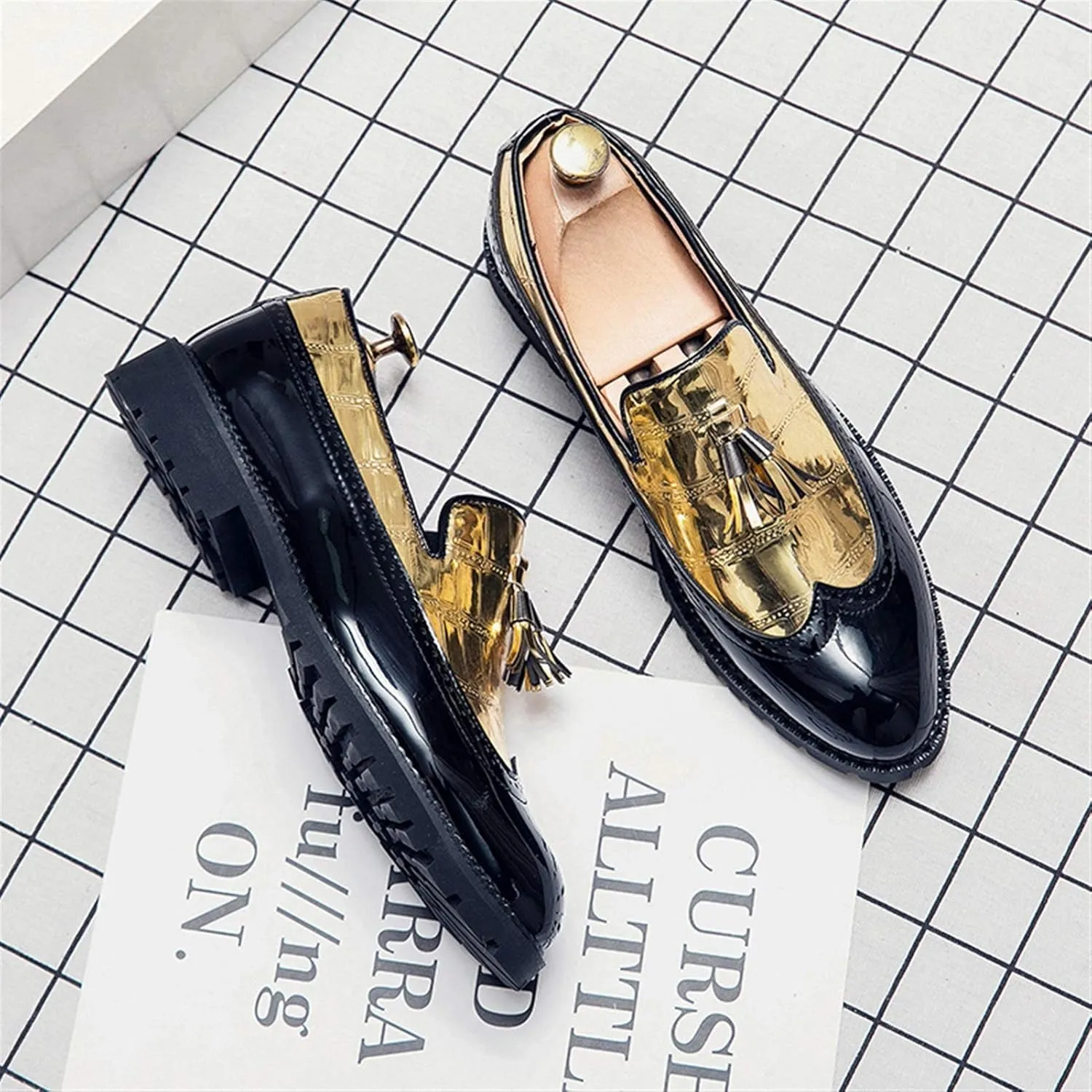 Men's Classic Business Oxfords Large Size Tassel Patchwork Loafers Crocodile Embossed Round Toe Slip-on Wingtip Block Heel Anti-Slip Formal Men