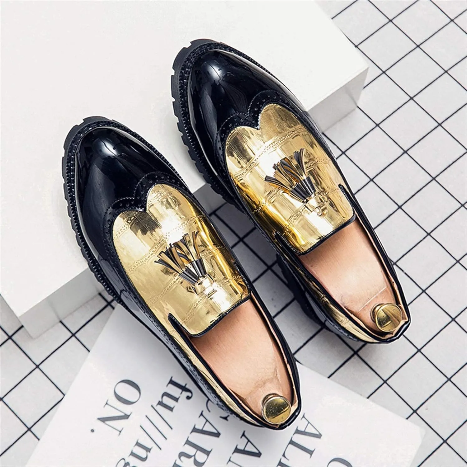 Men's Classic Business Oxfords Large Size Tassel Patchwork Loafers Crocodile Embossed Round Toe Slip-on Wingtip Block Heel Anti-Slip Formal Men