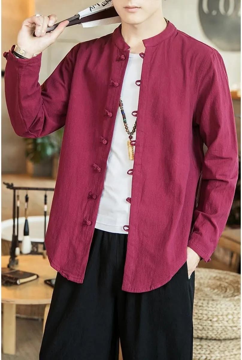 Men's Clothing Linen Frog Button Tang Suit Long Sleeve Shirt Chinese Style Cotton Linen