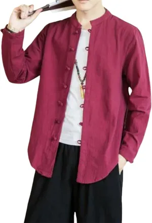 Men's Clothing Linen Frog Button Tang Suit Long Sleeve Shirt Chinese Style Cotton Linen