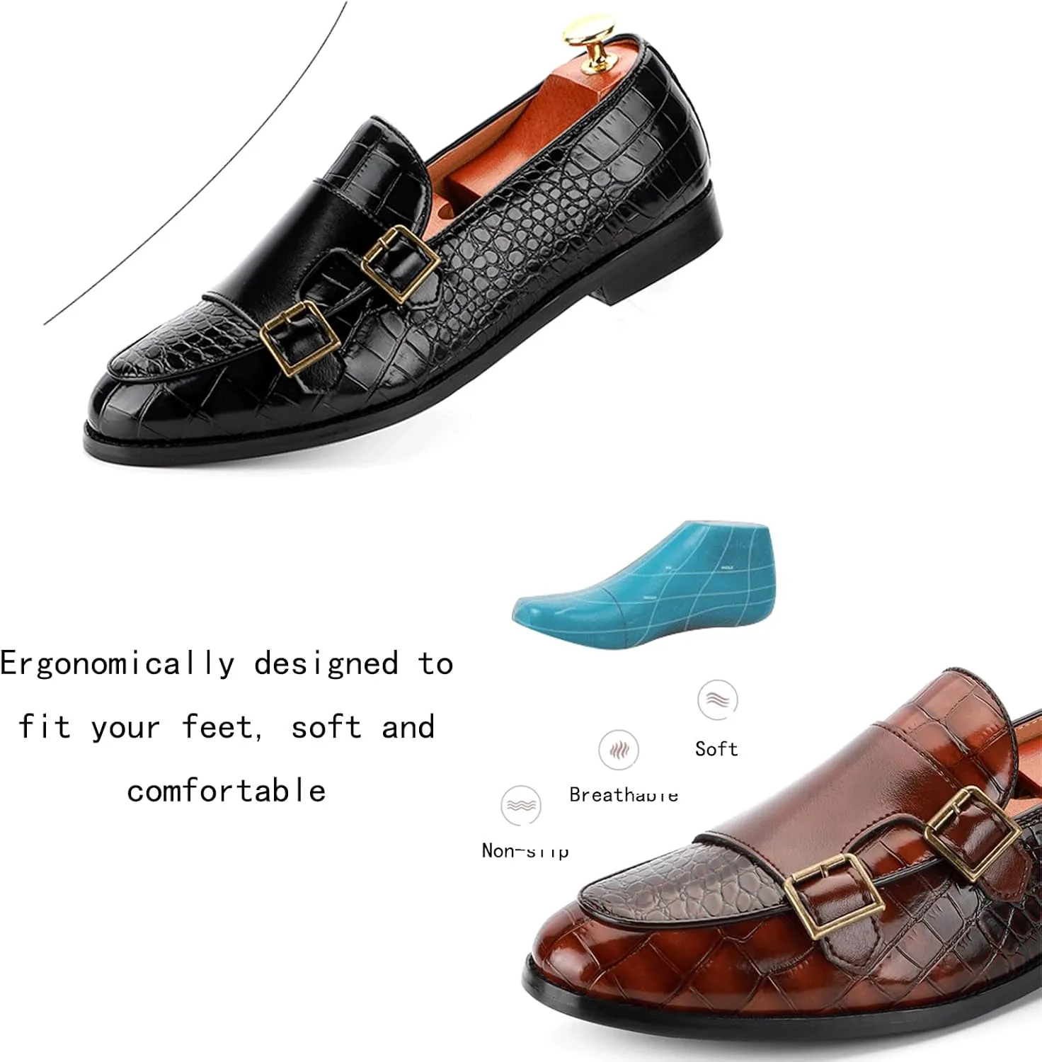 Men's Double Monk Strap Slip On Loafers Leather Formal Business Casual Comfortable Dress Shoes for Men