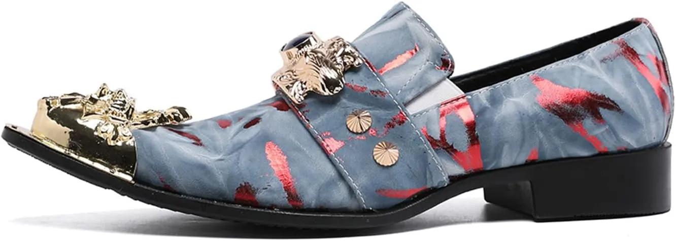 Mens Dress Shoes, Camouflage Loafers Cowhide Shoes Genuine Leather Large Size Low Top Metal Toe Slip-Ons Breathable Casual Shoes