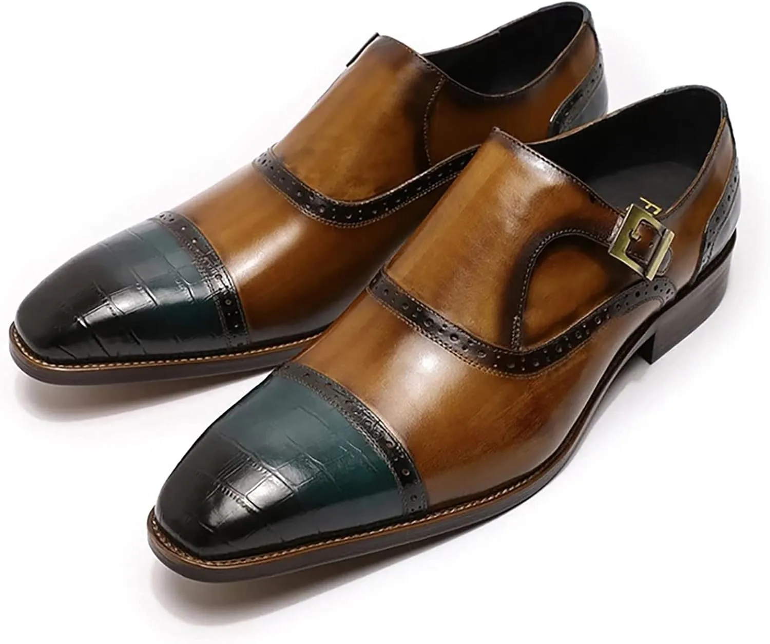 Mens Formal Dress Monk Shoes Business Casual Leather Loafers Buckle Derbys Wingtip Brogues Smart Office Shoes,Brown-40