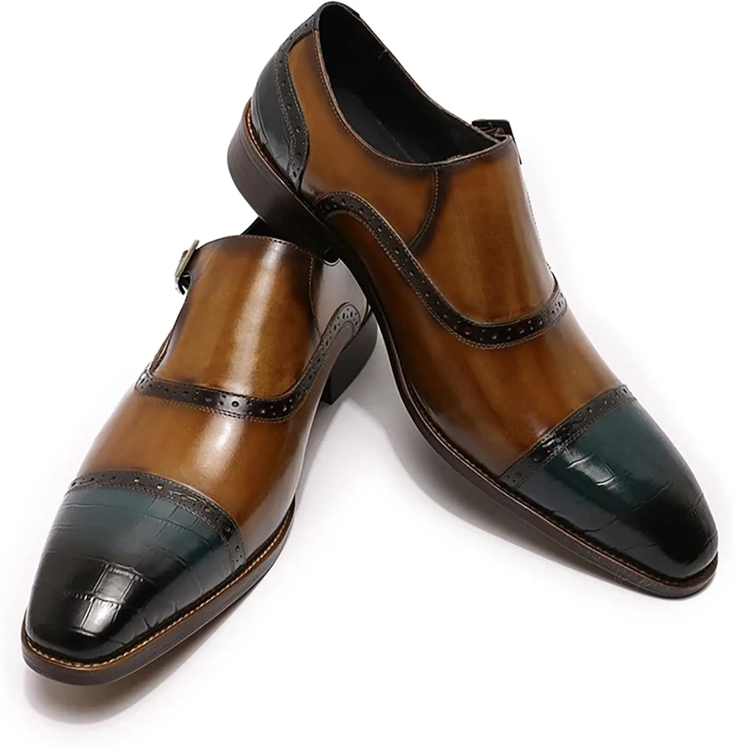 Mens Formal Dress Monk Shoes Business Casual Leather Loafers Buckle Derbys Wingtip Brogues Smart Office Shoes,Brown-40
