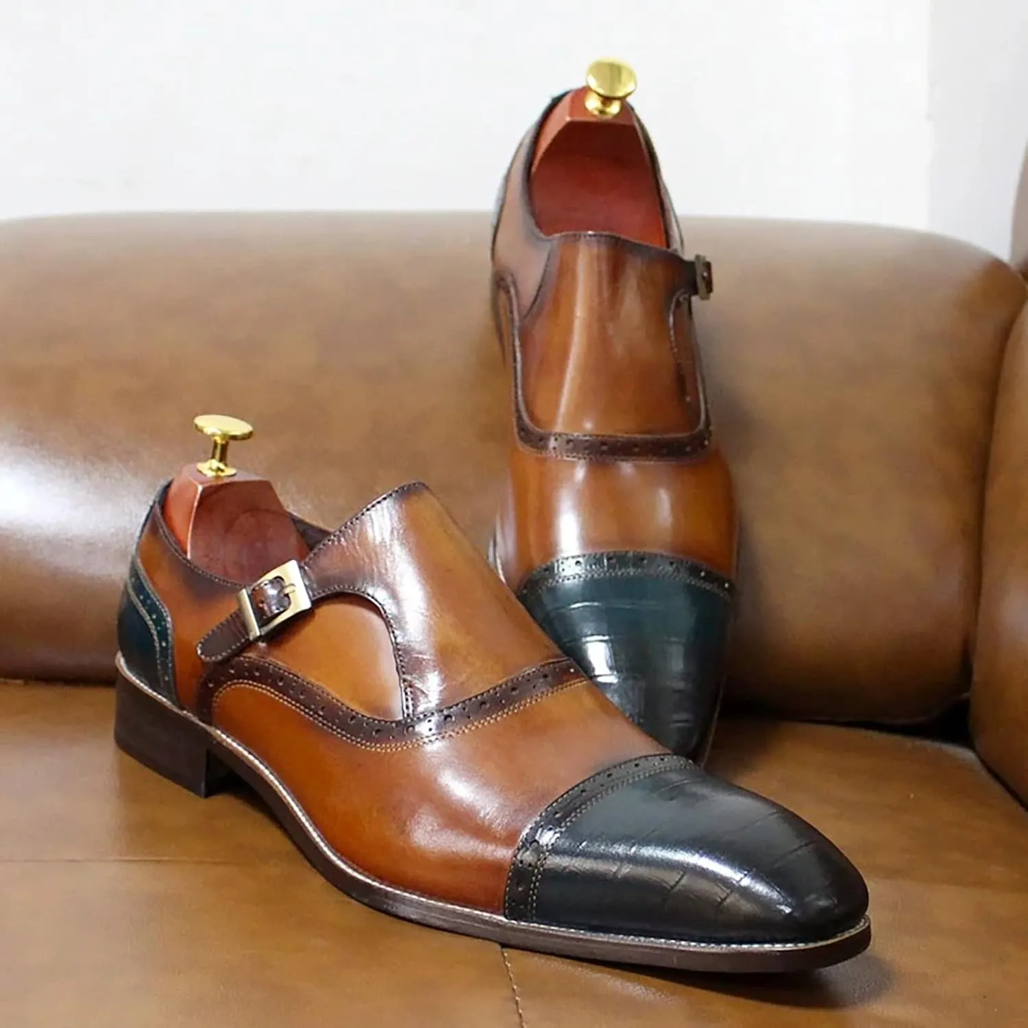 Mens Formal Dress Monk Shoes Business Casual Leather Loafers Buckle Derbys Wingtip Brogues Smart Office Shoes,Brown-40