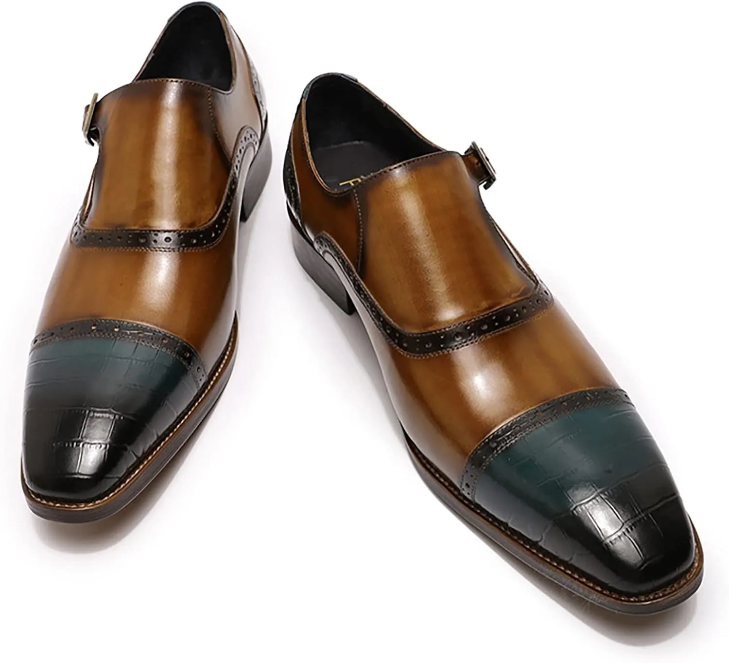 Mens Formal Dress Monk Shoes Business Casual Leather Loafers Buckle Derbys Wingtip Brogues Smart Office Shoes,Brown-40
