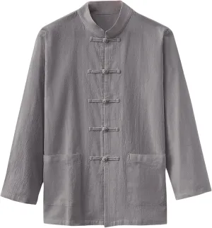 Men's Four Seasons Long Sleeve Linen Casual Shirt Chinese Style Frog Button Mandarin Collar Retro Loose Top