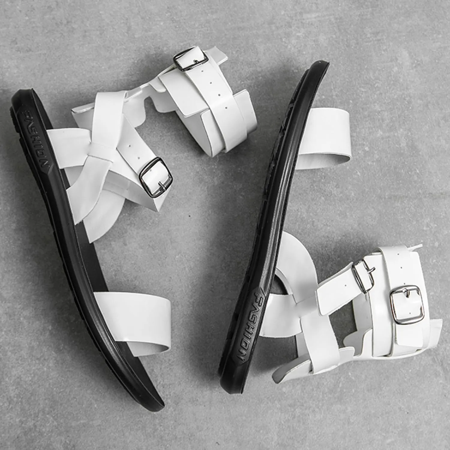 Men's Gladiator Sandals Black Leather Sandals Ankle Strap Design with Double Buckles Casual Non-slip Breathable High Top Outdoor Beach Shoes