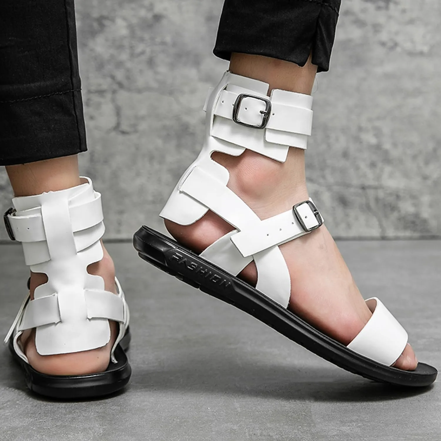 Men's Gladiator Sandals Black Leather Sandals Ankle Strap Design with Double Buckles Casual Non-slip Breathable High Top Outdoor Beach Shoes