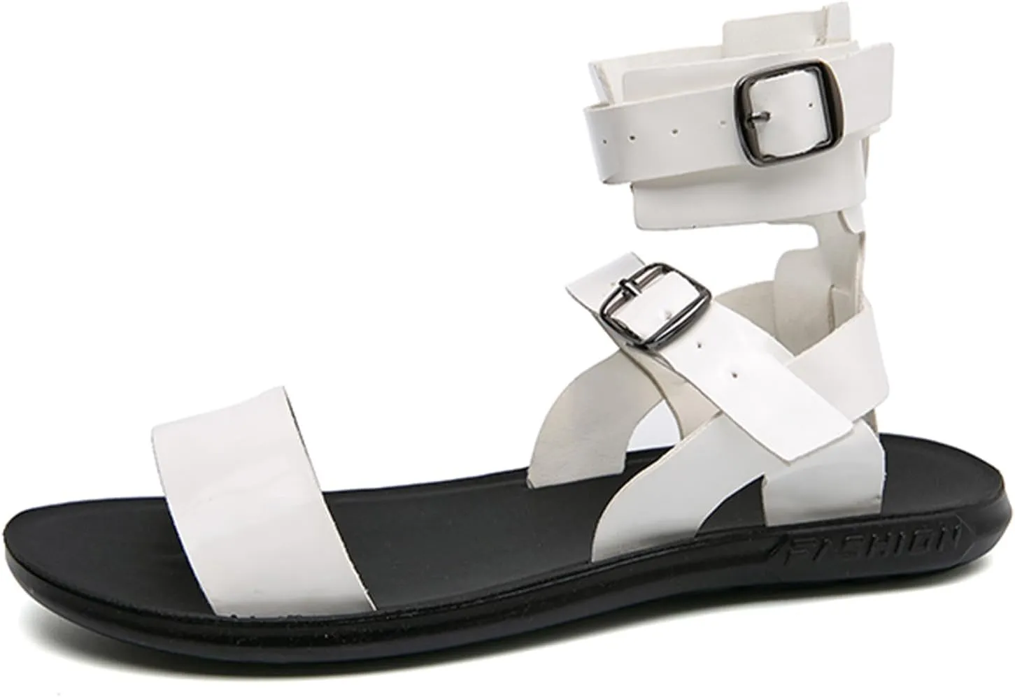 Men's Gladiator Sandals Black Leather Sandals Ankle Strap Design with Double Buckles Casual Non-slip Breathable High Top Outdoor Beach Shoes
