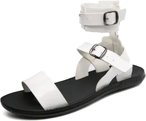 Men's Gladiator Sandals Black Leather Sandals Ankle Strap Design with Double Buckles Casual Non-slip Breathable High Top Outdoor Beach Shoes