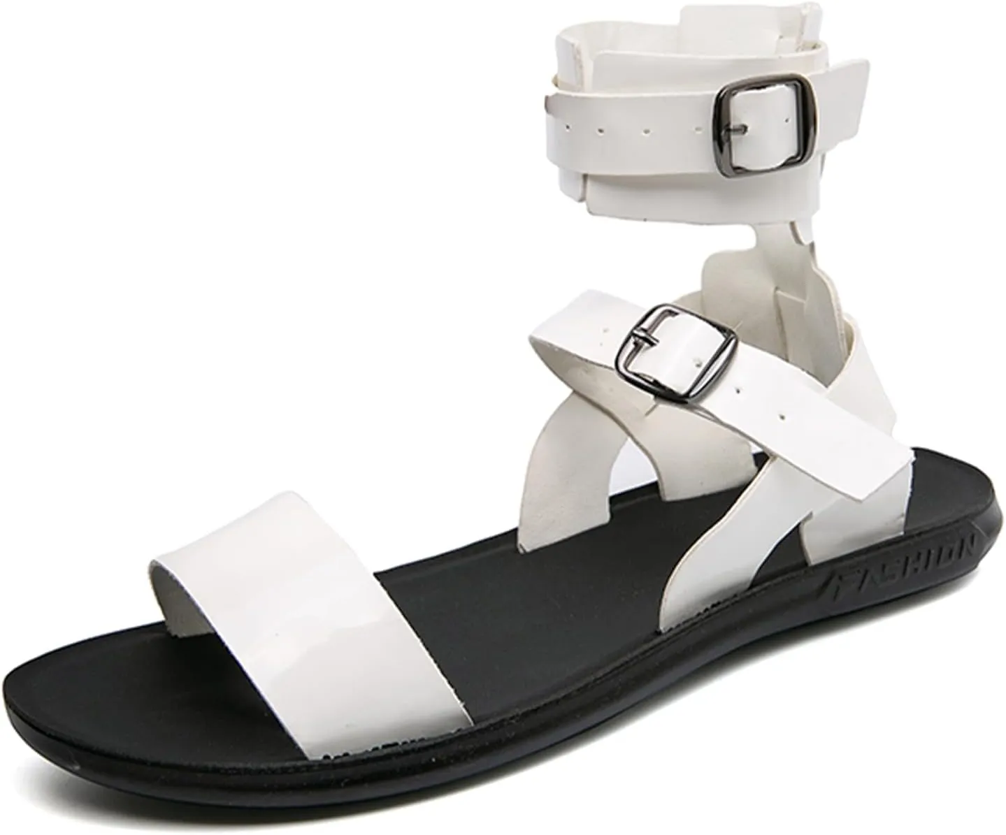 Men's Gladiator Sandals Black Leather Sandals Ankle Strap Design with Double Buckles Casual Non-slip Breathable High Top Outdoor Beach Shoes