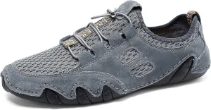 Men's Handmade Leather Mesh Trail Shoes for Walking Hiking Slip-on Summer Sports Shoes Breathable Non-Slip Sneakers
