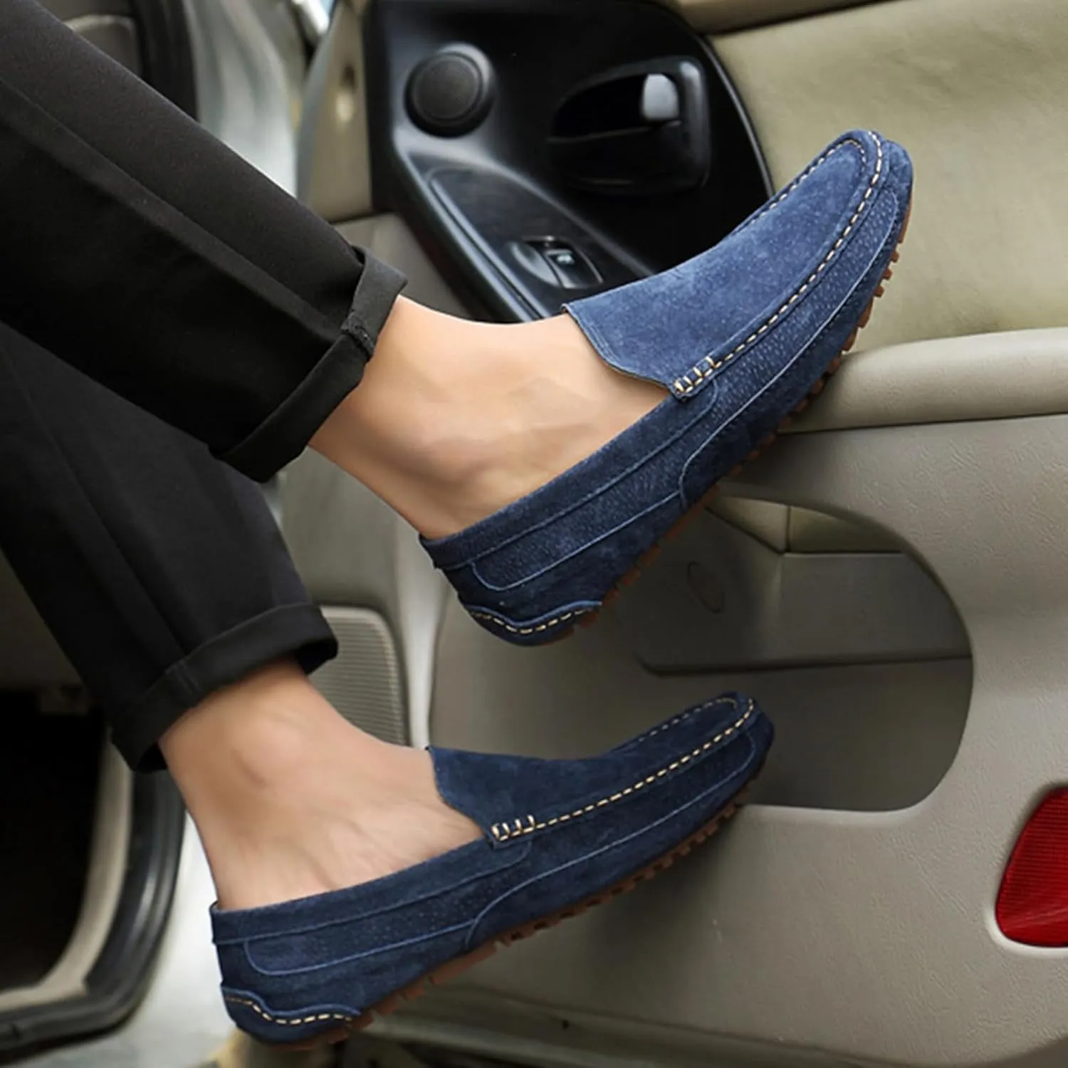Men's Handmade Suede Penny Loafers, Fashionable Round Wide Toe Non-Slip Moccasins, Casual Formal Boat Shoes, Work Driving, Casual Slip-On Loafers