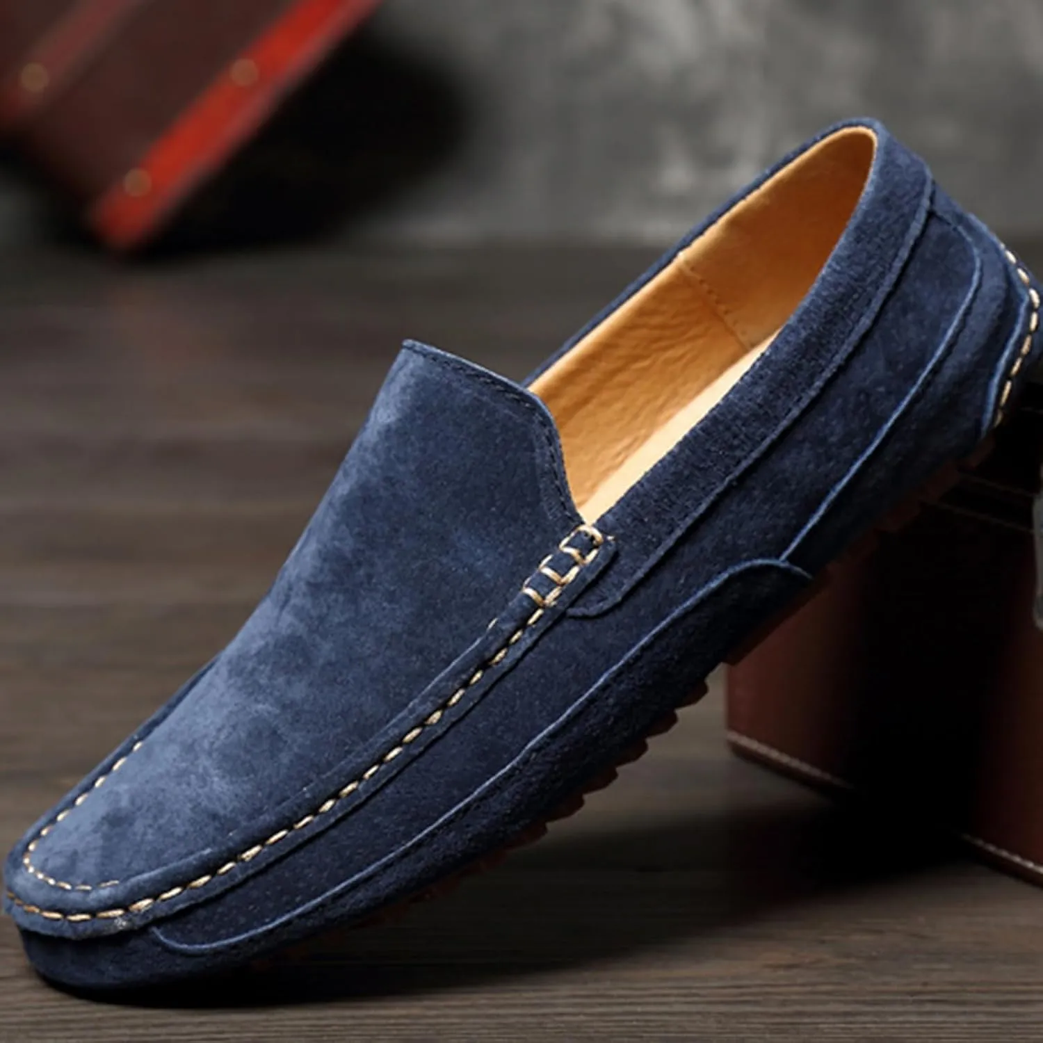 Men's Handmade Suede Penny Loafers, Fashionable Round Wide Toe Non-Slip Moccasins, Casual Formal Boat Shoes, Work Driving, Casual Slip-On Loafers