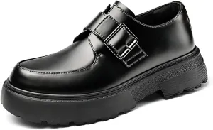 Men's Leather Chunky Platform Monk Buckle Penny Loafers Retro Round Head Comfortable Lug Sole Non-Slip One-Step Business Wedding Party Formal Shoes