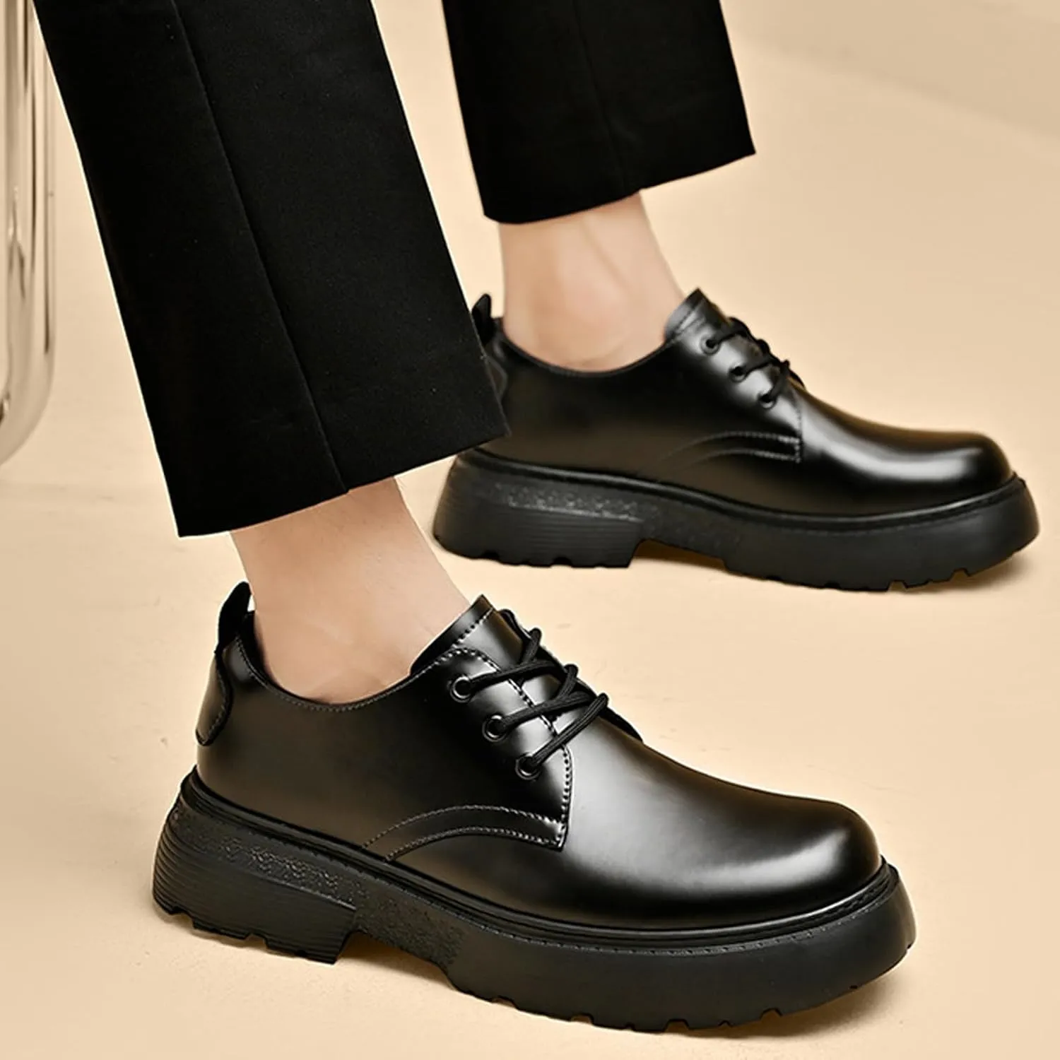 Men's Leather Chunky Platform Monk Buckle Penny Loafers Retro Round Head Comfortable Lug Sole Non-Slip One-Step Business Wedding Party Formal Shoes