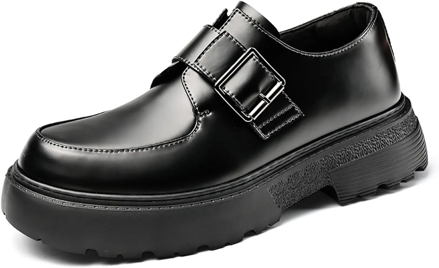 Men's Leather Chunky Platform Monk Buckle Penny Loafers Retro Round Head Comfortable Lug Sole Non-Slip One-Step Business Wedding Party Formal Shoes