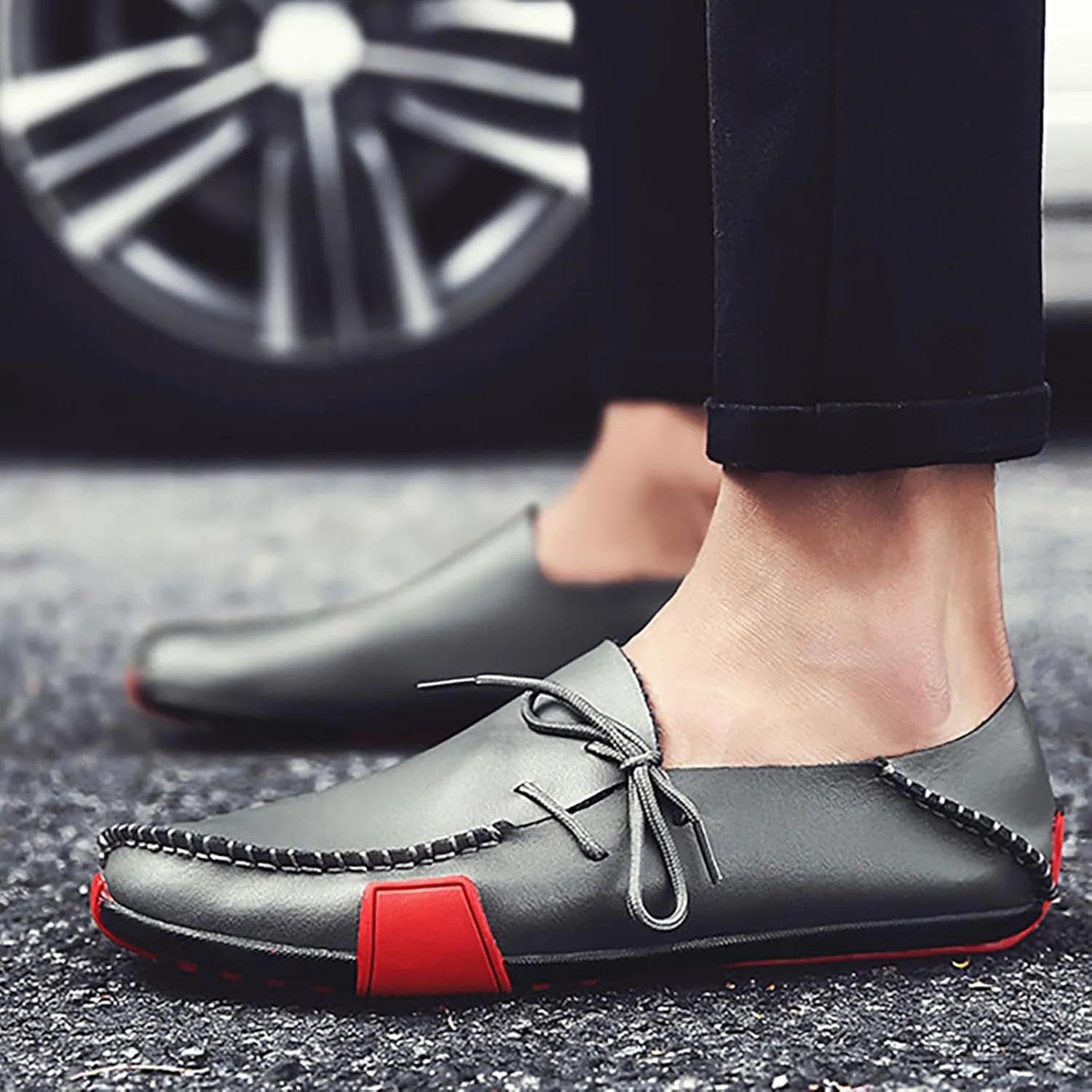 Men's Leather Handmade Penny Loafers Casual Side Lace Up Slip On Moccasins Comfort Dress Boat Shoes Non-Slip Light-Weight Flats Driving Shoes