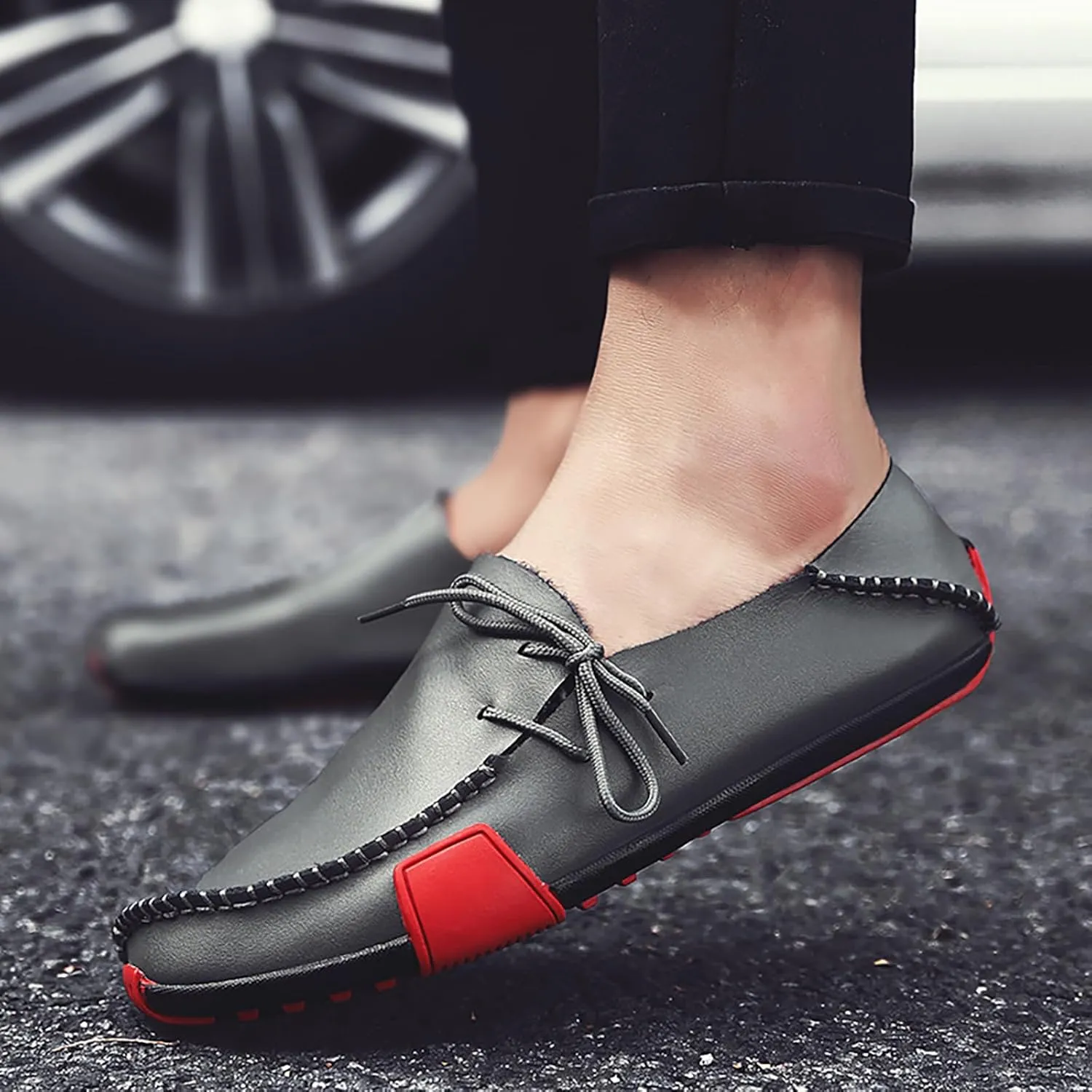 Men's Leather Handmade Penny Loafers Casual Side Lace Up Slip On Moccasins Comfort Dress Boat Shoes Non-Slip Light-Weight Flats Driving Shoes