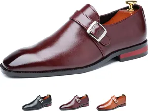 Men's Leather Monk Strap Loafers Fashion Classic Pointed Toe Slip On Low Top Chelsea Formal Business Dress Oxford Shoes
