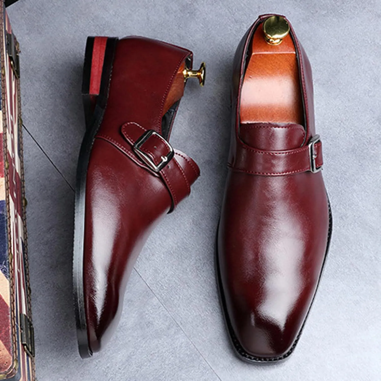 Men's Leather Monk Strap Loafers Fashion Classic Pointed Toe Slip On Low Top Chelsea Formal Business Dress Oxford Shoes