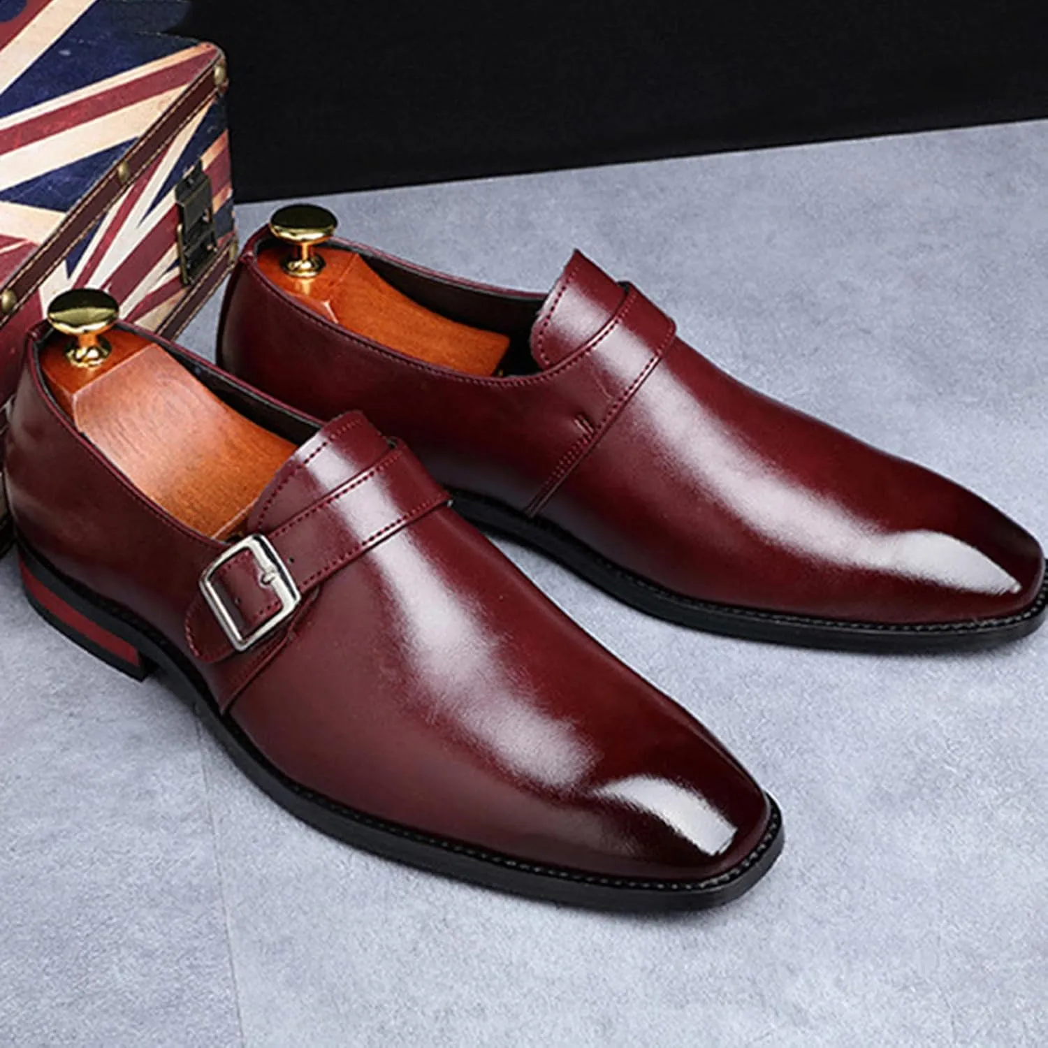Men's Leather Monk Strap Loafers Fashion Classic Pointed Toe Slip On Low Top Chelsea Formal Business Dress Oxford Shoes
