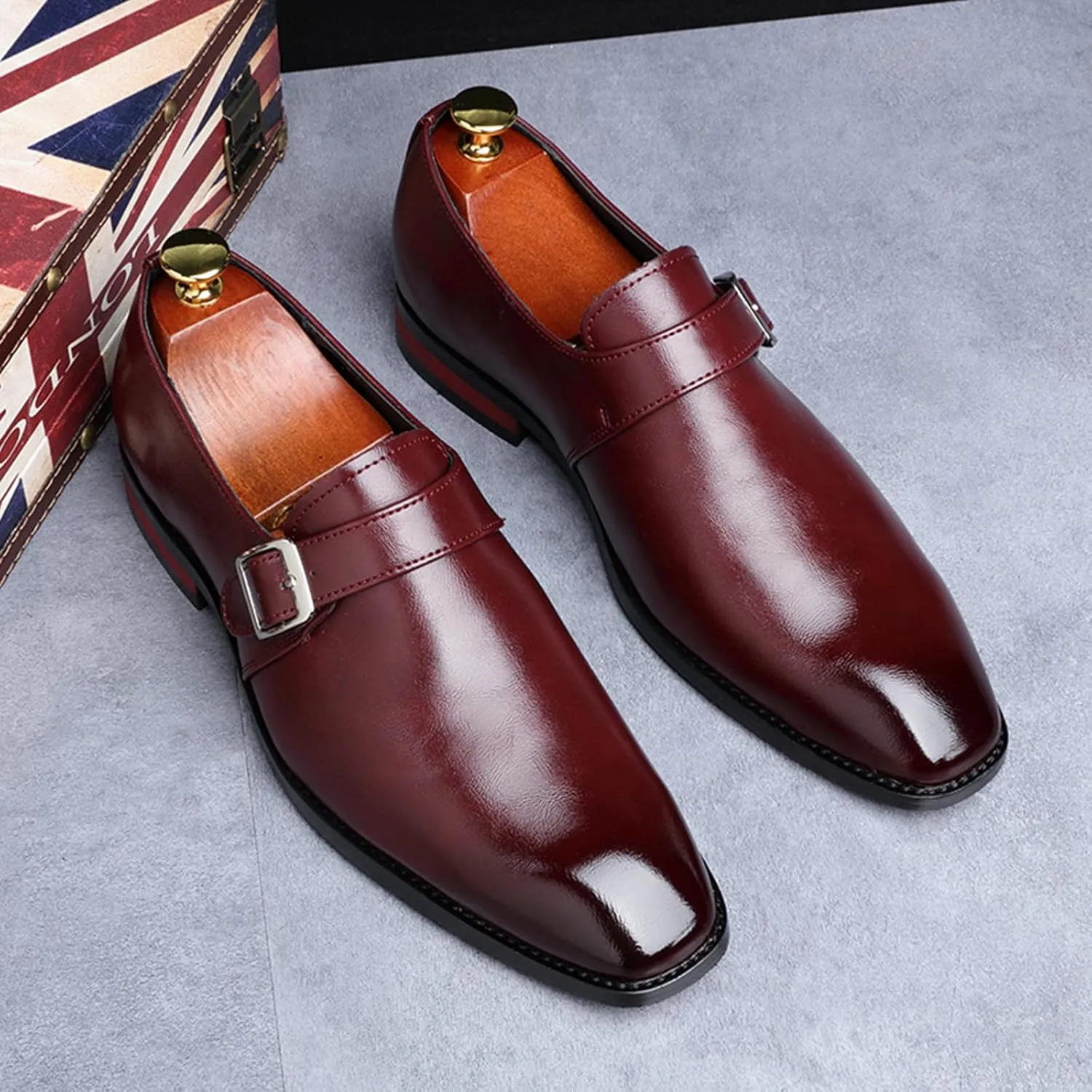 Men's Leather Monk Strap Loafers Fashion Classic Pointed Toe Slip On Low Top Chelsea Formal Business Dress Oxford Shoes